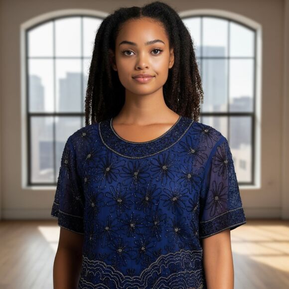 Vtg Adrianna Papell Silk Beaded Top L Royal Blue Silver Black Floral Gatsby Glam - Picture 1 of 9